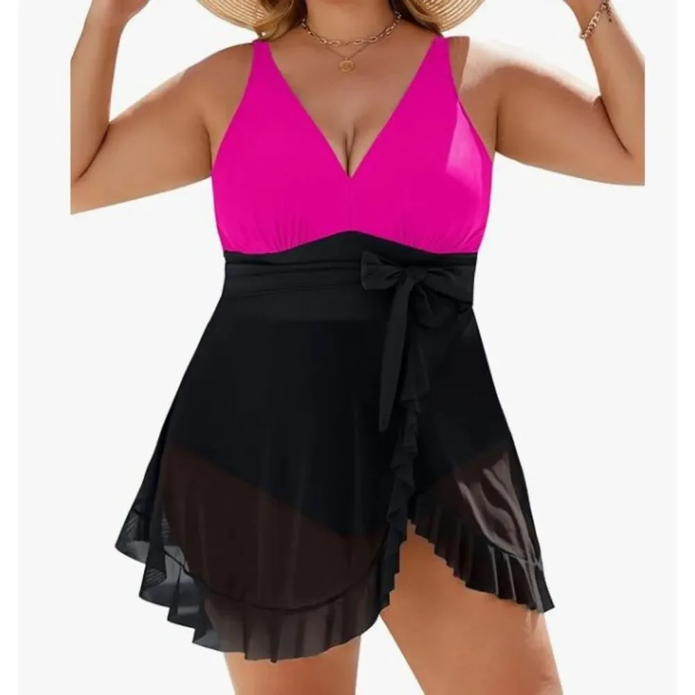 NEW BMJL Swim Dress XXL Pink Black Sheer Skirt Adjustable Straps New with Tags